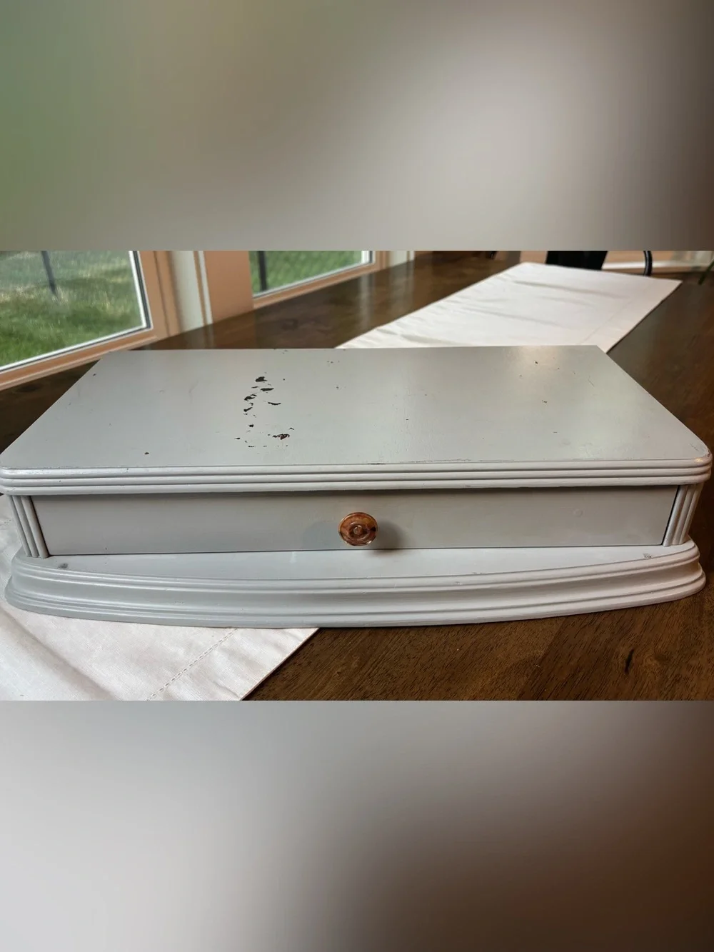 Vintage Wooden Storage Drawer with Blue Gray Finish and Decorative Knob
